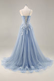 Dusty Blue A Line Strapless Sheer Corset Beaded Long Prom Dress with Slit