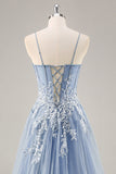 Dusty Blue A Line Strapless Sheer Corset Beaded Long Prom Dress with Slit