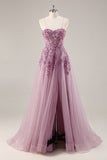Grey Purple Beaded Corset Applique Long Prom Dress with Slit