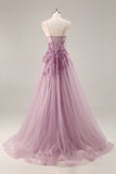 Grey Purple Beaded Corset Applique Long Prom Dress with Slit