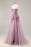 Grey Purple Beaded Corset Applique Long Prom Dress with Slit
