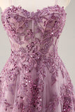 Grey Purple Beaded Corset Applique Long Prom Dress with Slit