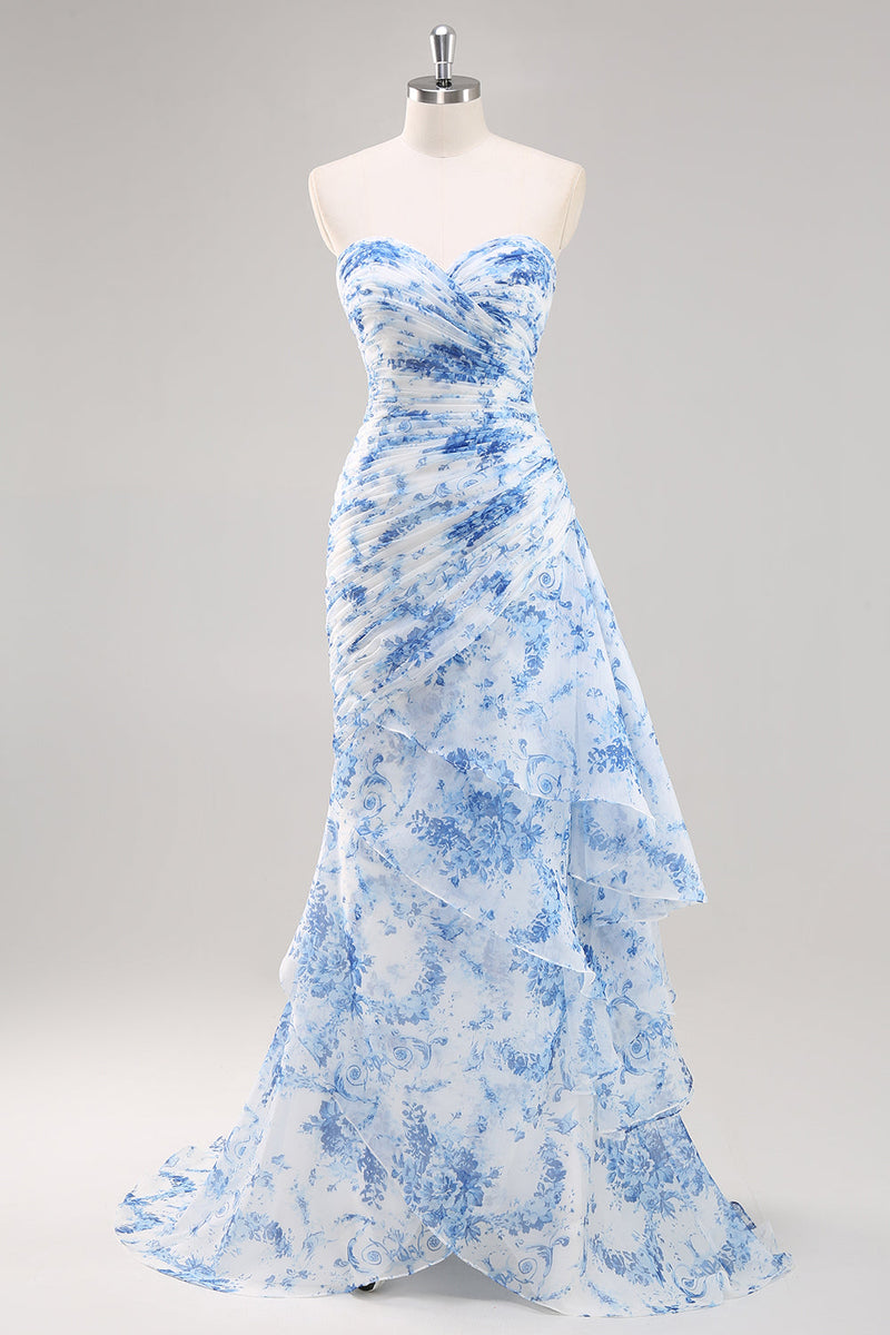 Load image into Gallery viewer, Strapless Mermaid White Blue Floral Prom Dress