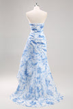 Strapless Mermaid White Blue Floral Prom Dress