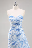Strapless Mermaid White Blue Floral Prom Dress