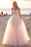 Off The Shoulder Blush Tulle A Line Wedding Dress with Appliques