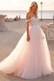 Off The Shoulder Blush Tulle A Line Wedding Dress with Appliques