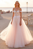Off The Shoulder Blush Tulle A Line Wedding Dress with Appliques