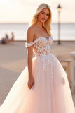 Off The Shoulder Blush Tulle A Line Wedding Dress with Appliques