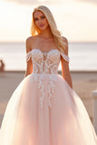 Off The Shoulder Blush Tulle A Line Wedding Dress with Appliques