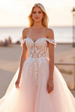 Off The Shoulder Blush Tulle A Line Wedding Dress with Appliques