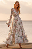 Floral A Line Long Sleeve Appliqued White Wedding Dress