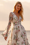 Floral A Line Long Sleeve Appliqued White Wedding Dress