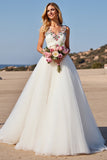 White Tulle A Line Boho Sweep Train Wedding Dress with Applique