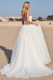 White Tulle A Line Boho Sweep Train Wedding Dress with Applique