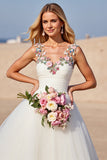 White Tulle A Line Boho Sweep Train Wedding Dress with Applique
