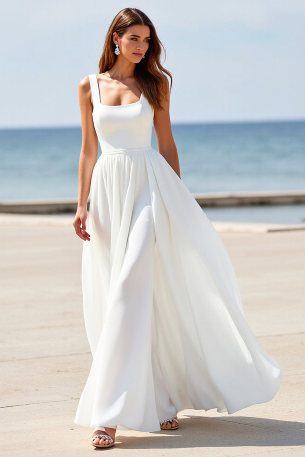 Zapaka Women White A Line Boho Sweep Train Wedding Dress Square Neck Sleeveless Bridal Dress ZAPAKA UK Zapaka Women White A Line Boho Sweep Train Wedding Dress Square Neck Sleeveless Bridal Dress ZAPAKA UK