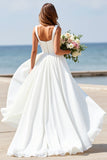 White Square Neck A Line Sleeveless Boho Maxi Wedding Dress