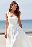 White Square Neck A Line Sleeveless Boho Maxi Wedding Dress