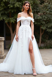 Off the Shoulder White Tulle A Line Boho Sweep Train Wedding Dress with Slit