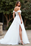 Off the Shoulder White Tulle A Line Boho Sweep Train Wedding Dress with Slit