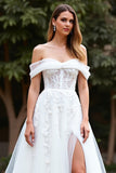 Off the Shoulder White Tulle A Line Boho Sweep Train Wedding Dress with Slit