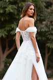 Off the Shoulder White Tulle A Line Boho Sweep Train Wedding Dress with Slit