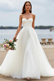 White Sweetheart Tulle A Line Boho Sweep Train Wedding Dress
