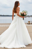 White Sweetheart Tulle A Line Boho Sweep Train Wedding Dress