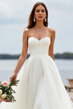 White Sweetheart Tulle A Line Boho Sweep Train Wedding Dress