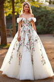 White Tulle Off the Shoulder Sweep Train Floral Wedding Dress