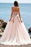 A Line Blush Spaghetti Straps Tulle Boho Sweep Train Boho Wedding Dress with Appliques