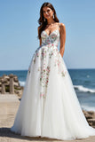White Tulle V-Neck Boho Floral Sweep Train Wedding Dress