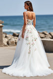 White Tulle V-Neck Boho Floral Sweep Train Wedding Dress