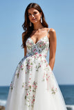 White Tulle V-Neck Boho Floral Sweep Train Wedding Dress