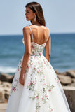 White Tulle V-Neck Boho Floral Sweep Train Wedding Dress
