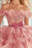 Blush Off the Shoulder Tulle Graduation Dress with Bow