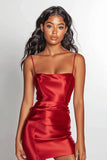 Satin Bodycon Spaghetti Straps Red Graduation Dress