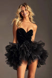 Strapless Ruffled Tulle A Line Black Graduation Dress