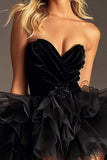 Strapless Ruffled Tulle A Line Black Graduation Dress