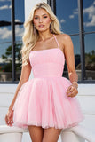 Pink Tulle A Line Ruched Spaghetti Straps Short Graduation Dress