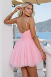 Pink Tulle A Line Ruched Spaghetti Straps Short Graduation Dress