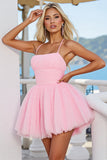 Pink Tulle A Line Ruched Spaghetti Straps Short Graduation Dress