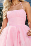 Pink Tulle A Line Ruched Spaghetti Straps Short Graduation Dress