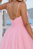 Pink Tulle A Line Ruched Spaghetti Straps Short Graduation Dress