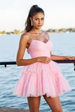 Pink A Line Tiered Spaghetti Straps Graduation Dress