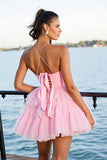 Pink A Line Tiered Spaghetti Straps Graduation Dress