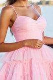 Pink A Line Tiered Spaghetti Straps Graduation Dress