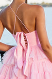 Pink A Line Tiered Spaghetti Straps Graduation Dress
