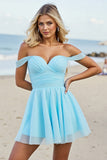 Off The Shoulder Light Blue A Line Graduation Dress